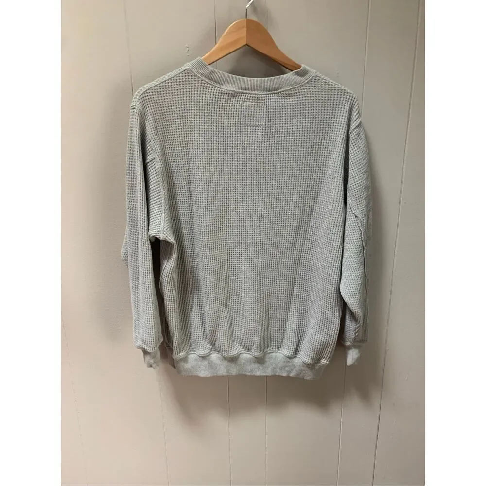 AERIE Brooklyn Graphic Gray Waffle Knit Oversized Crewneck Sweater Small